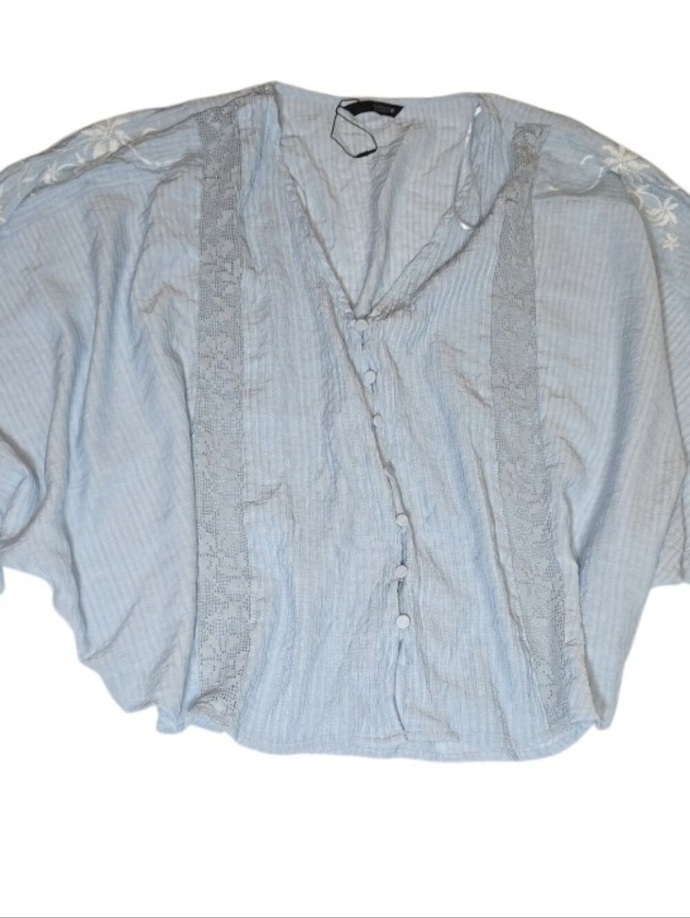 Zara Women's Oversized Light Blue Embroidered Lace Boho Blouse Size M NWOT - Picture 5 of 7